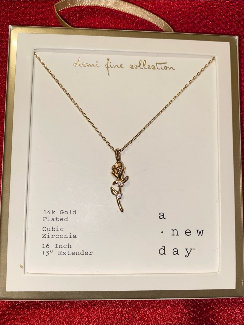 a new day Gold Rose Stem Pendant Necklace with Cubic Zirconia Accents